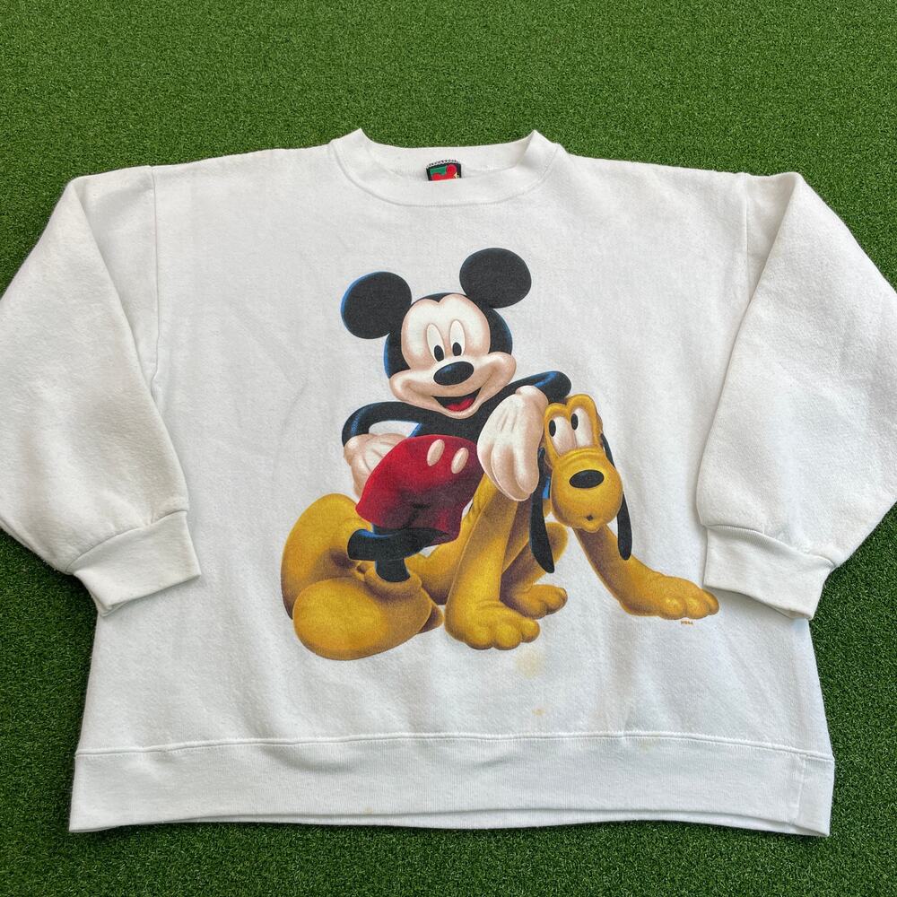 Vintage 90s Mickey Mouse Pluto Crewneck Sweatshirt Disney Graphic White M/L